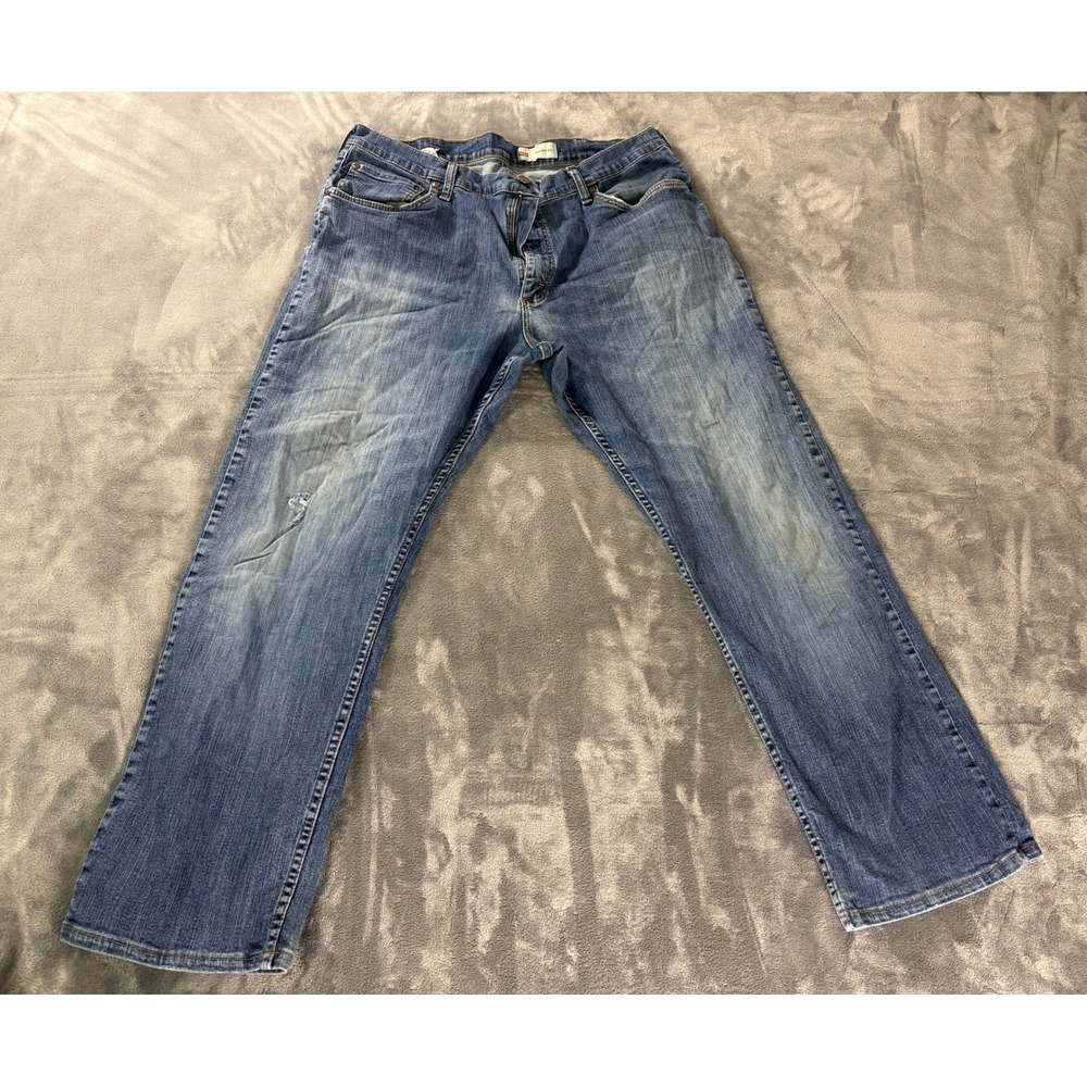 Wrangler Mens Relaxed Fit Jeans 36 x 30 Blue Solid Stretch Denim Distressed